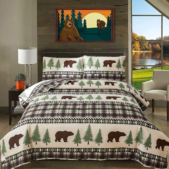 NEW Quilts Queen Size, 3Pcs Rustic Cabin Bedspread Coverlet Set Bear Green Pines - Picture 1 of 8
